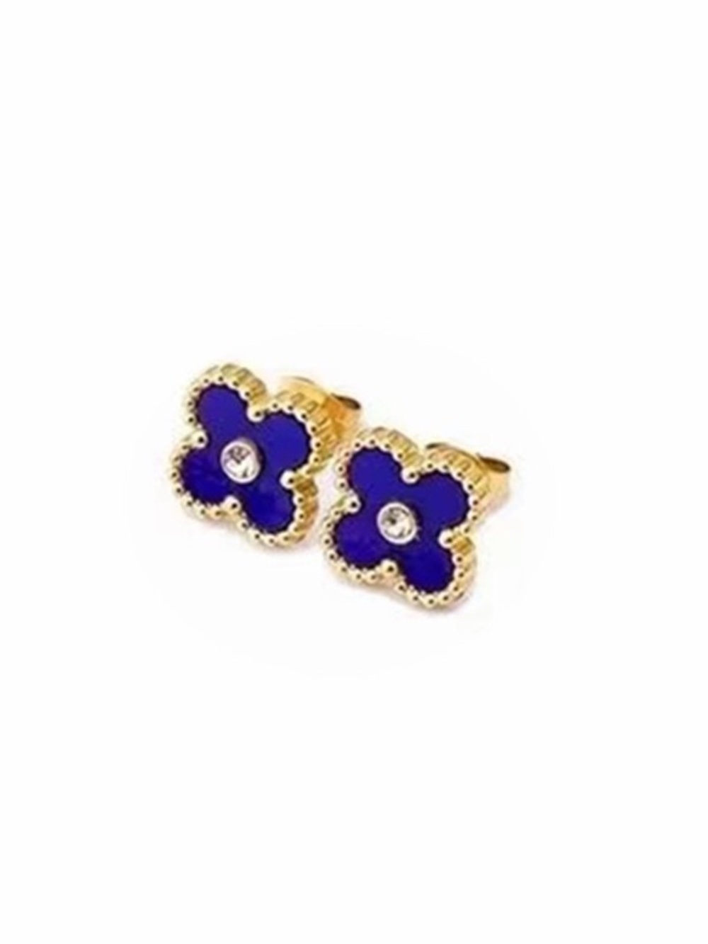 18K Gold Plated Blue Clover Stud Earrings with Crystal Center